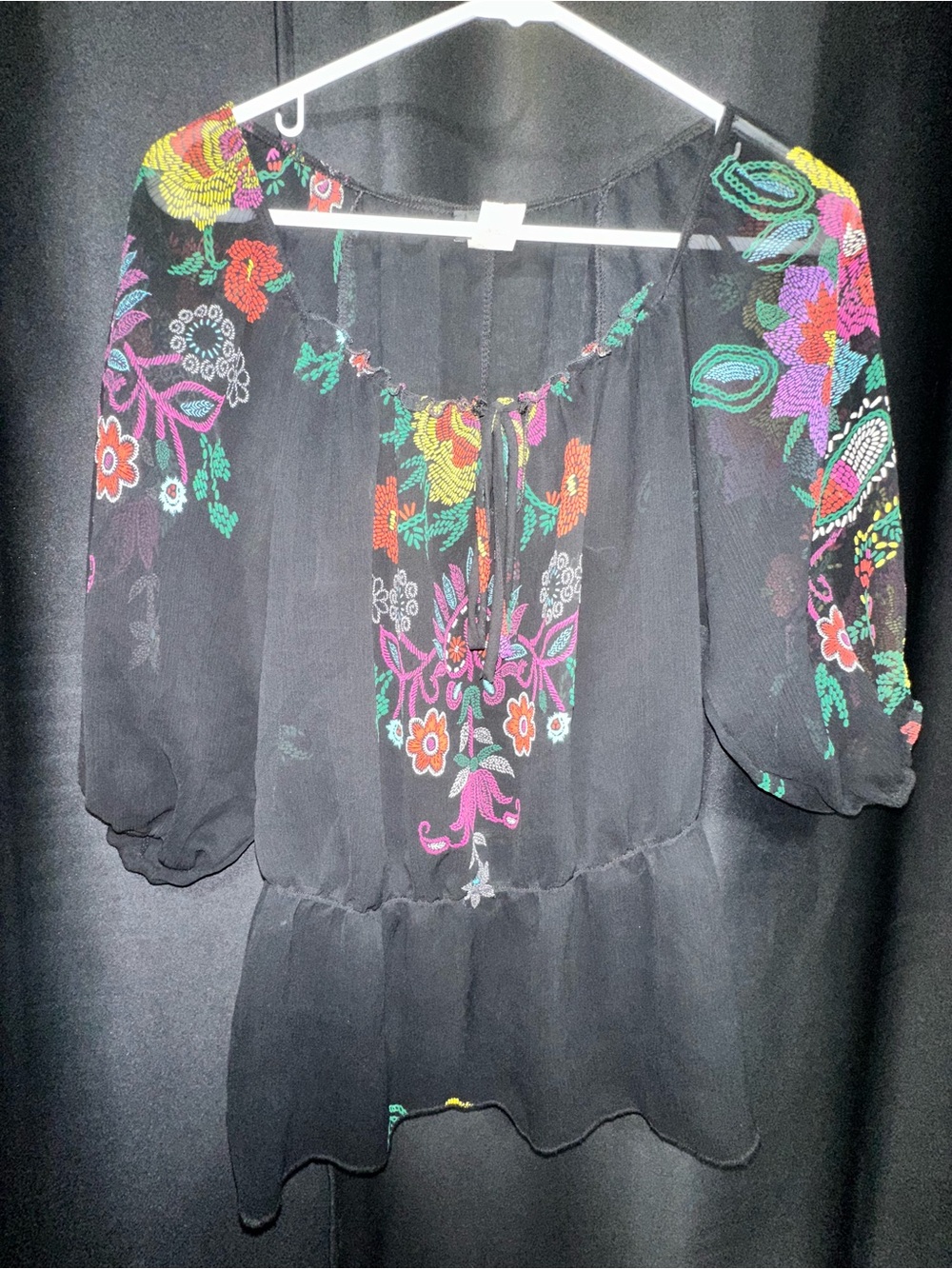 Fairycore Vintage y2k BoHo peasant Floral sheer Blouse Black Multicolor Size XS